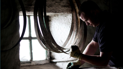 Cooper Martin working on a cask provided by <a href="http://www.kilbegganwhiskey.com/" >Kilbeggan Distillery</a> 